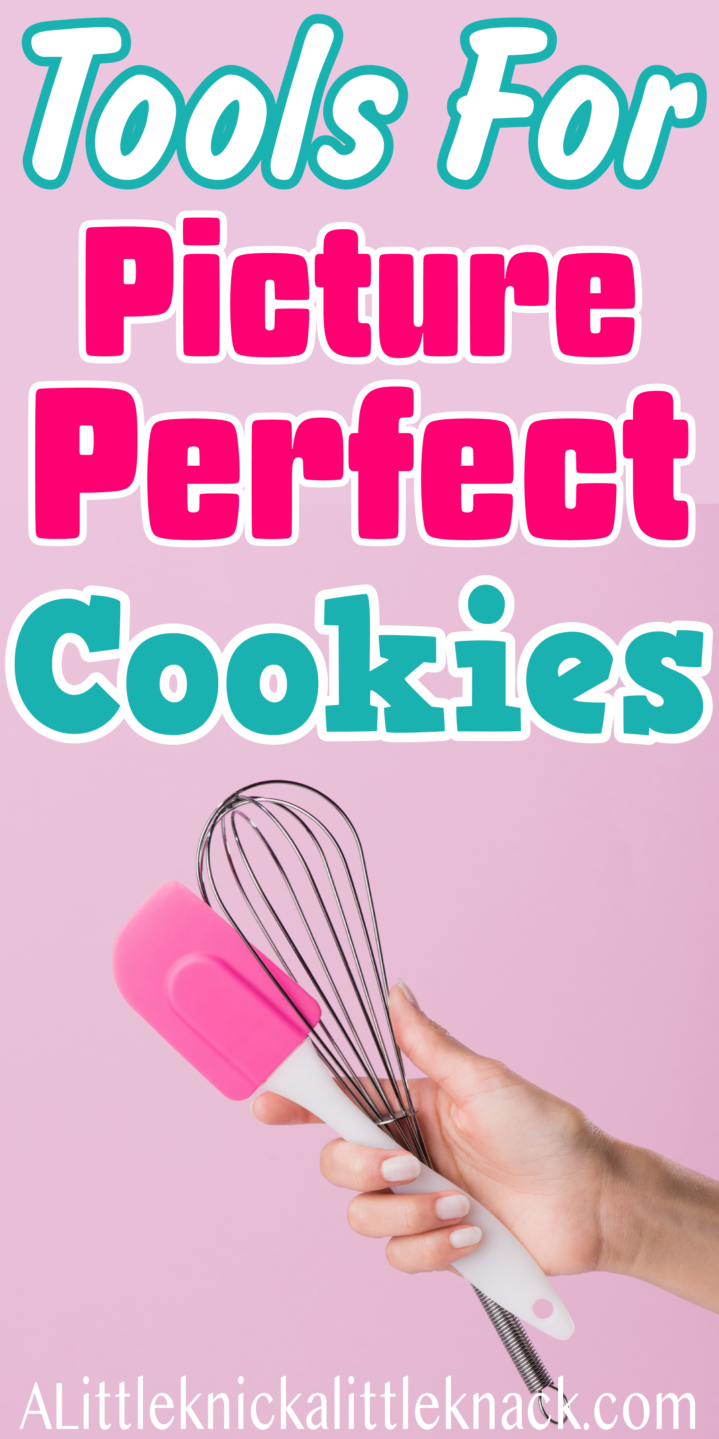 Baking tools being held in front of a pink background with a text overlay 