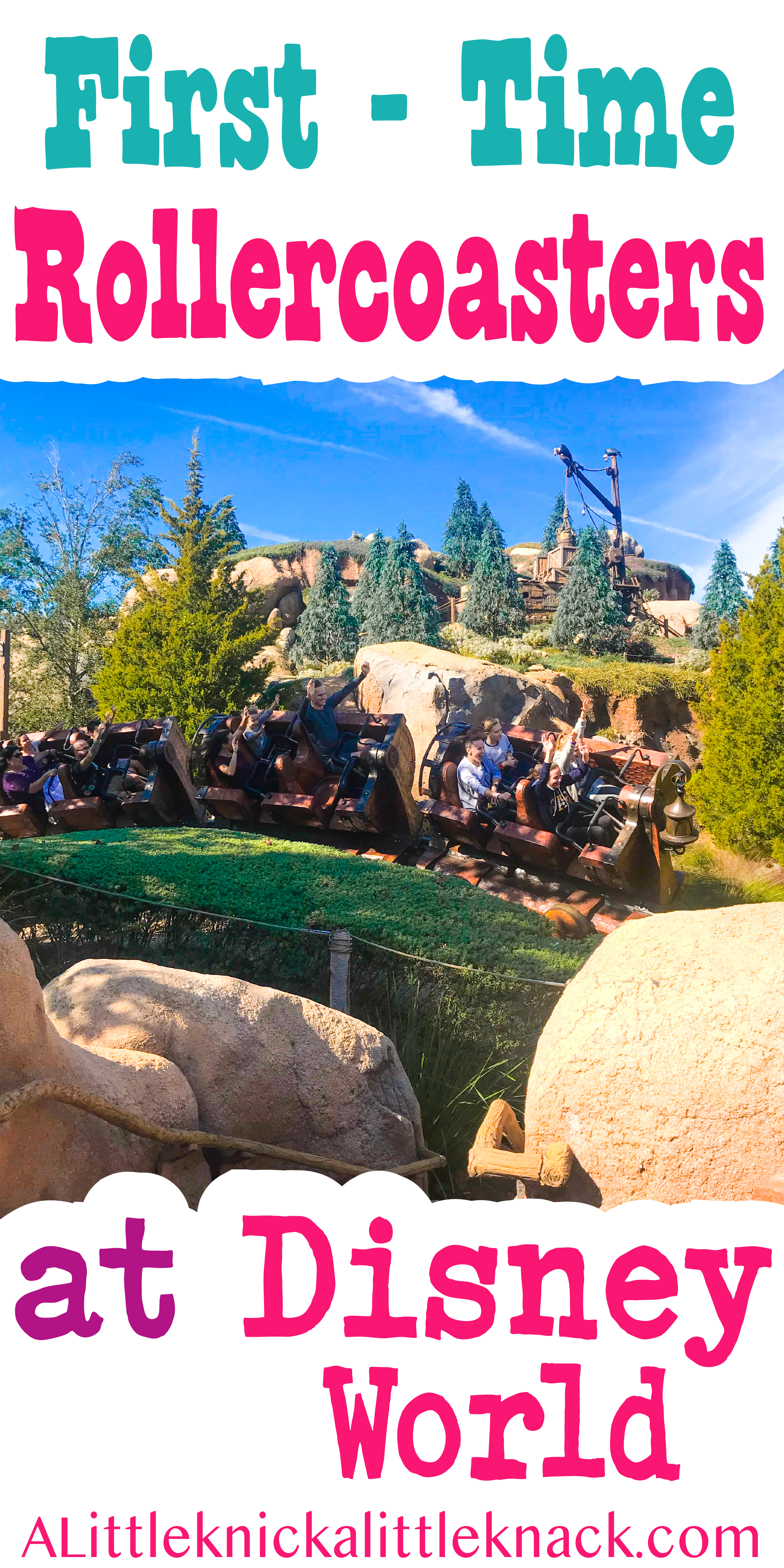 Disney World guests riding the Seven Dwarfs mine train with a text overlay