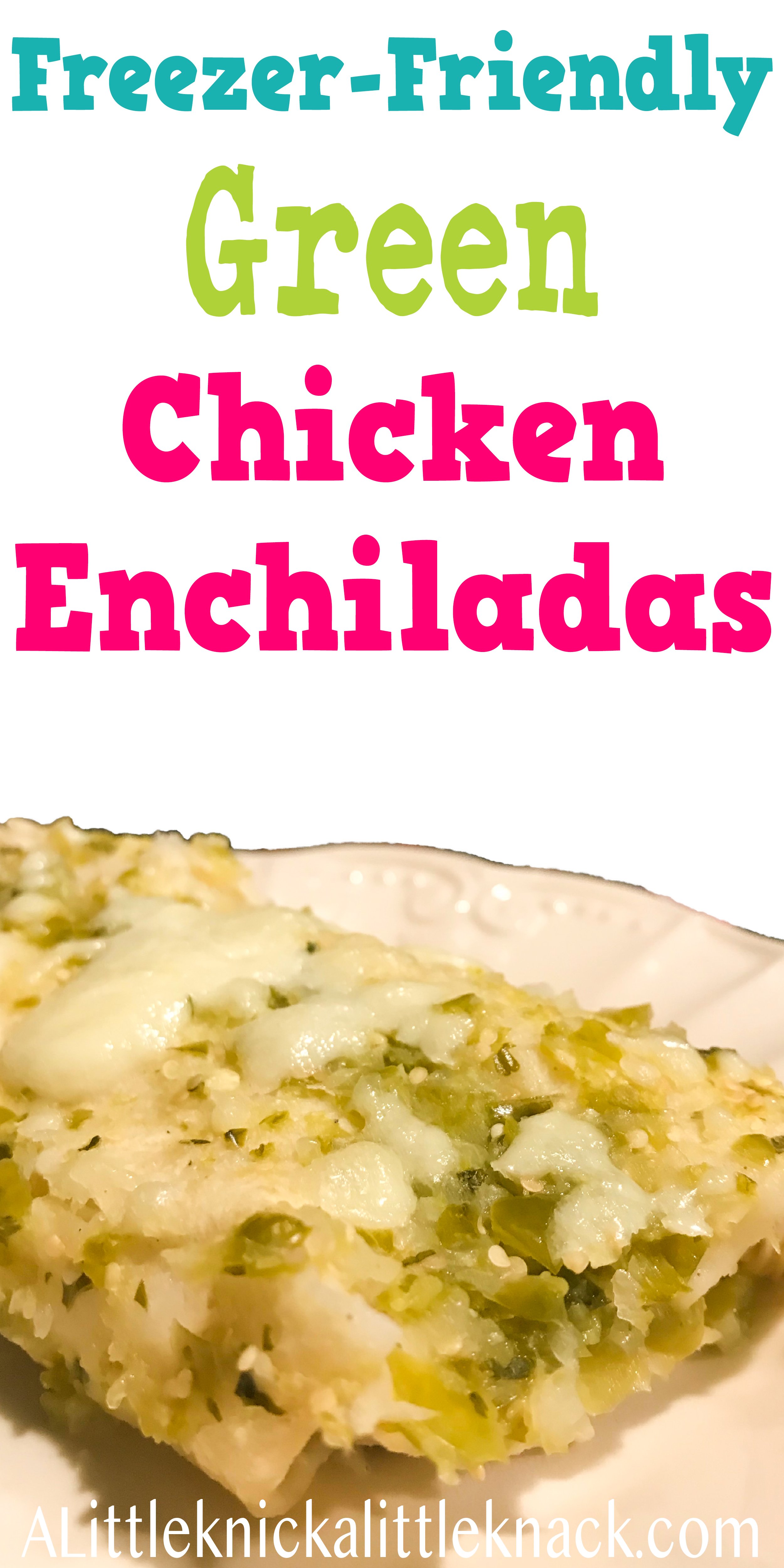 Green chicken enchiladas on a plate with a text overlay. 