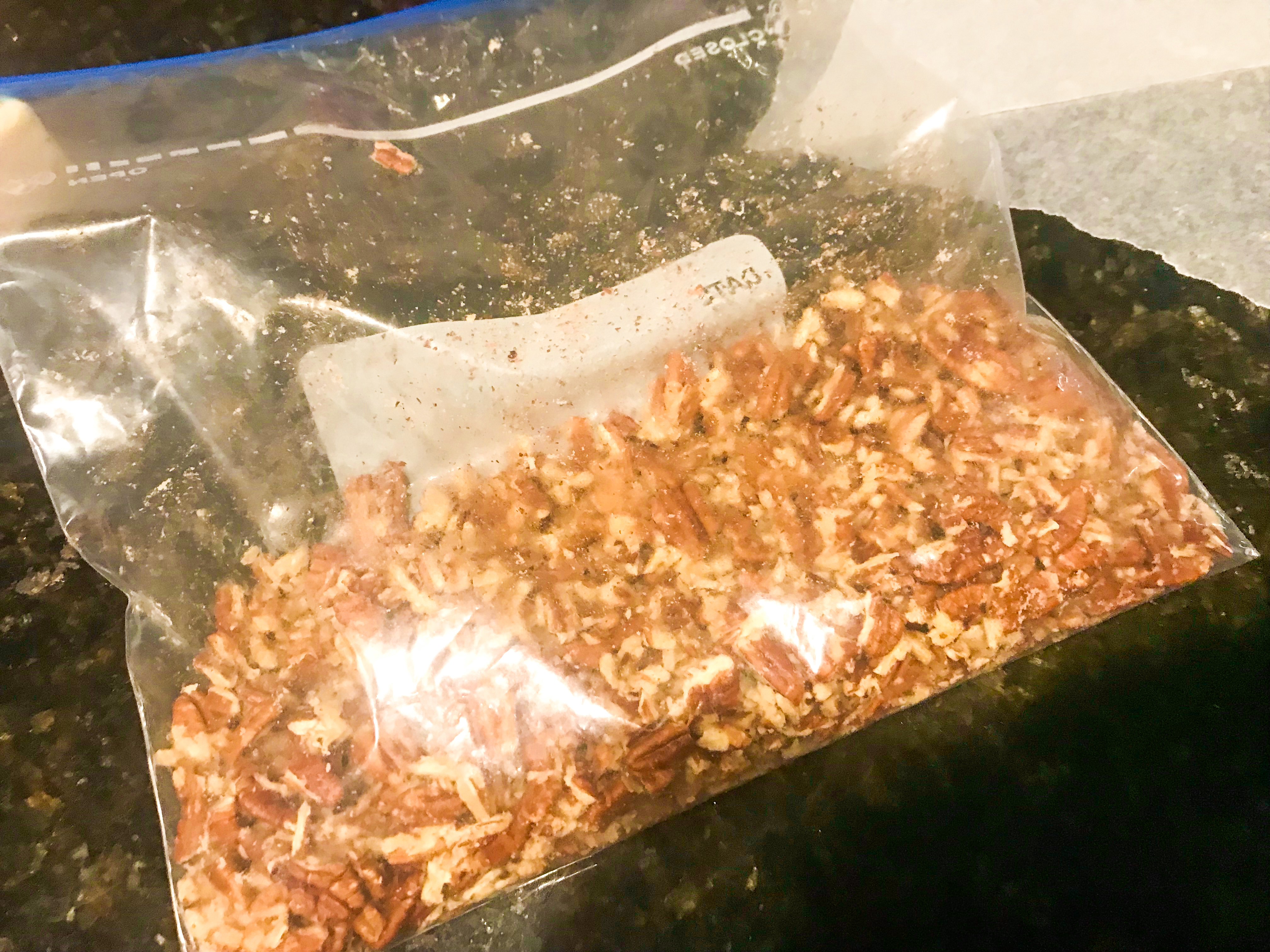 Crushed pecans in a bag. 