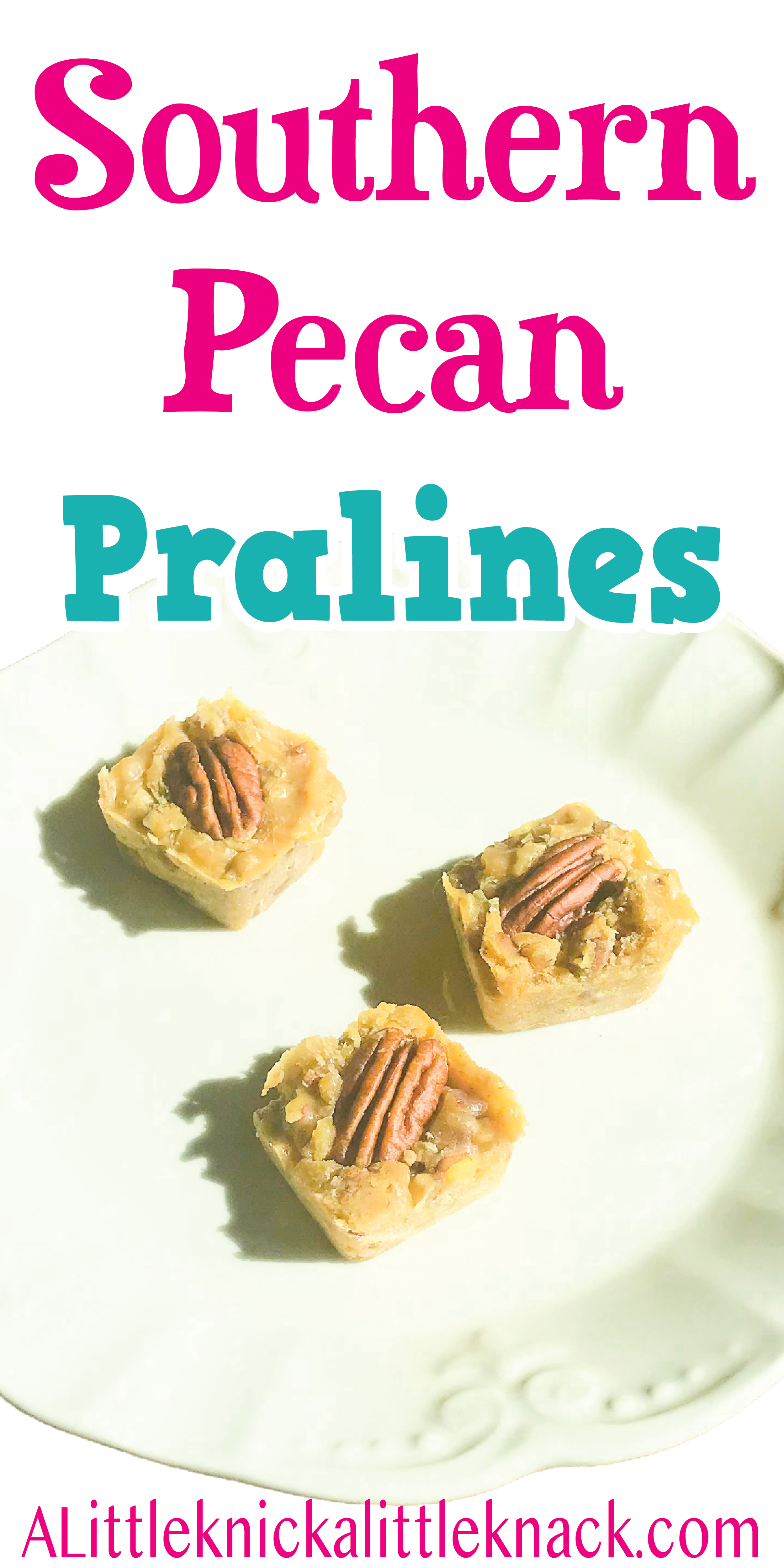 Square pecan pralines with a text overlay. 