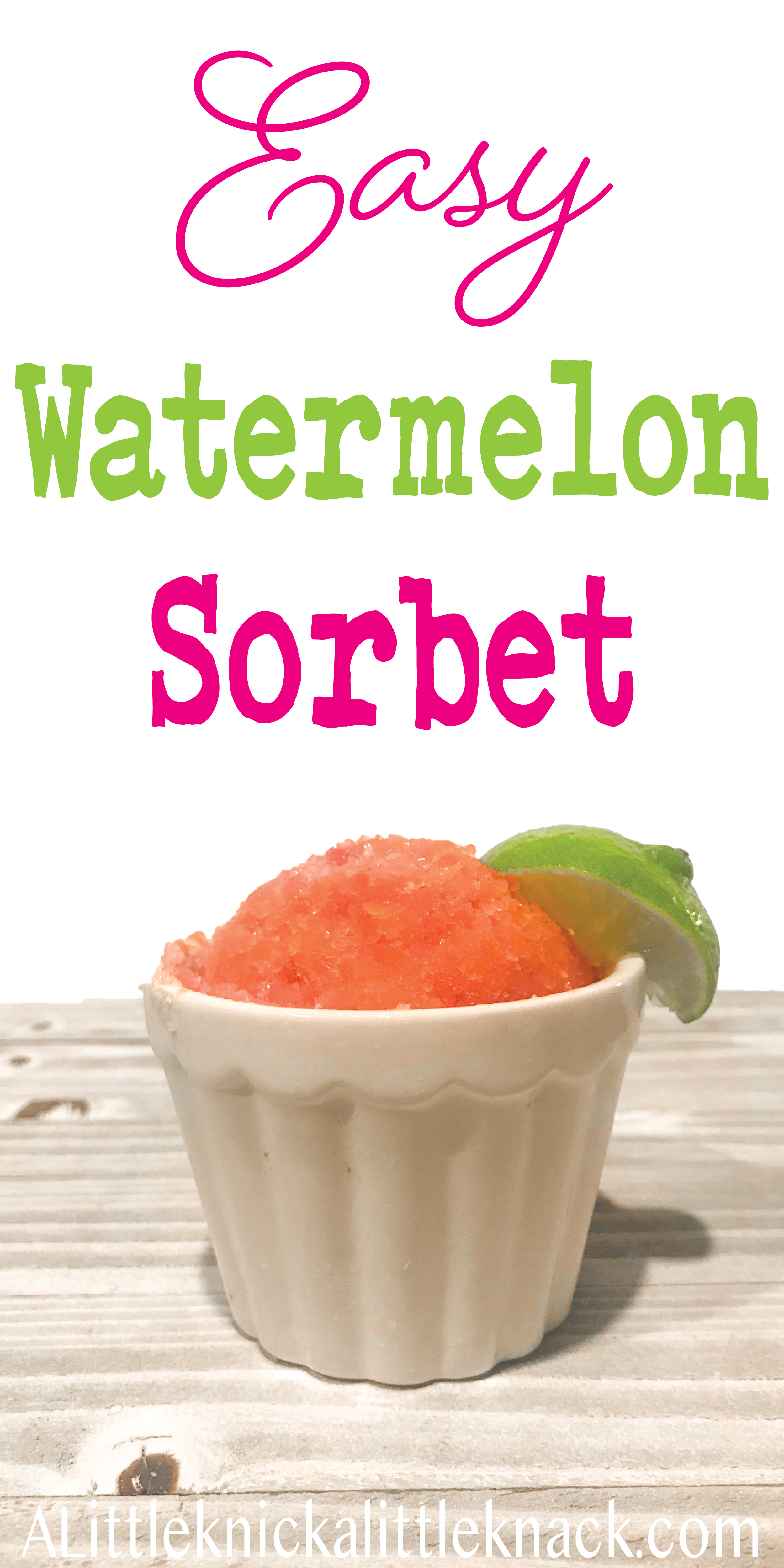 Icy watermelon sorbet and a slic of lime with a text overlay. 