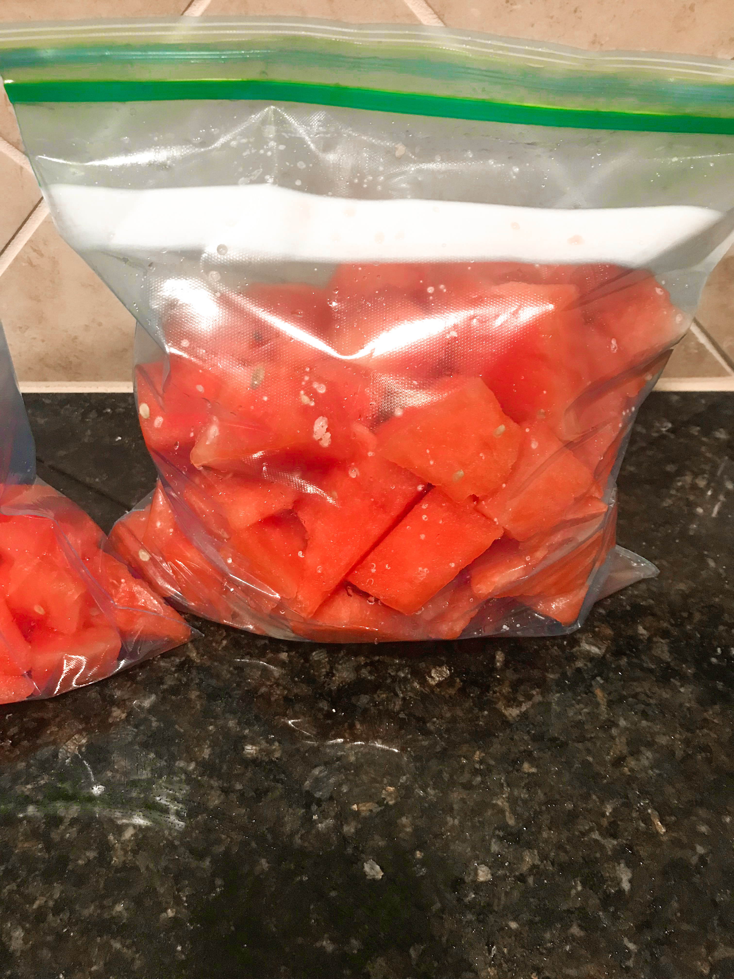 Cubed watermelon in a freezer bag/